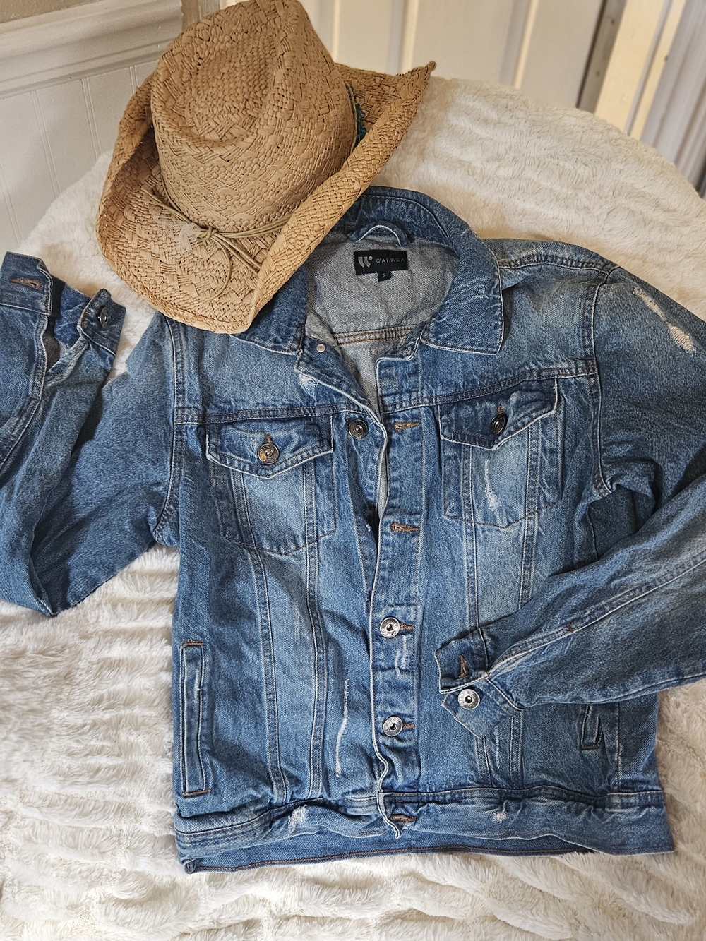 Washed Blue Denim Jacket with Button Front